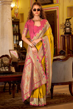 Burnt Yellow Banarasi Soft Silk Saree