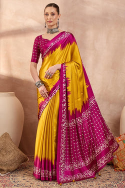 Burnt Yellow Printed Satin Silk Saree