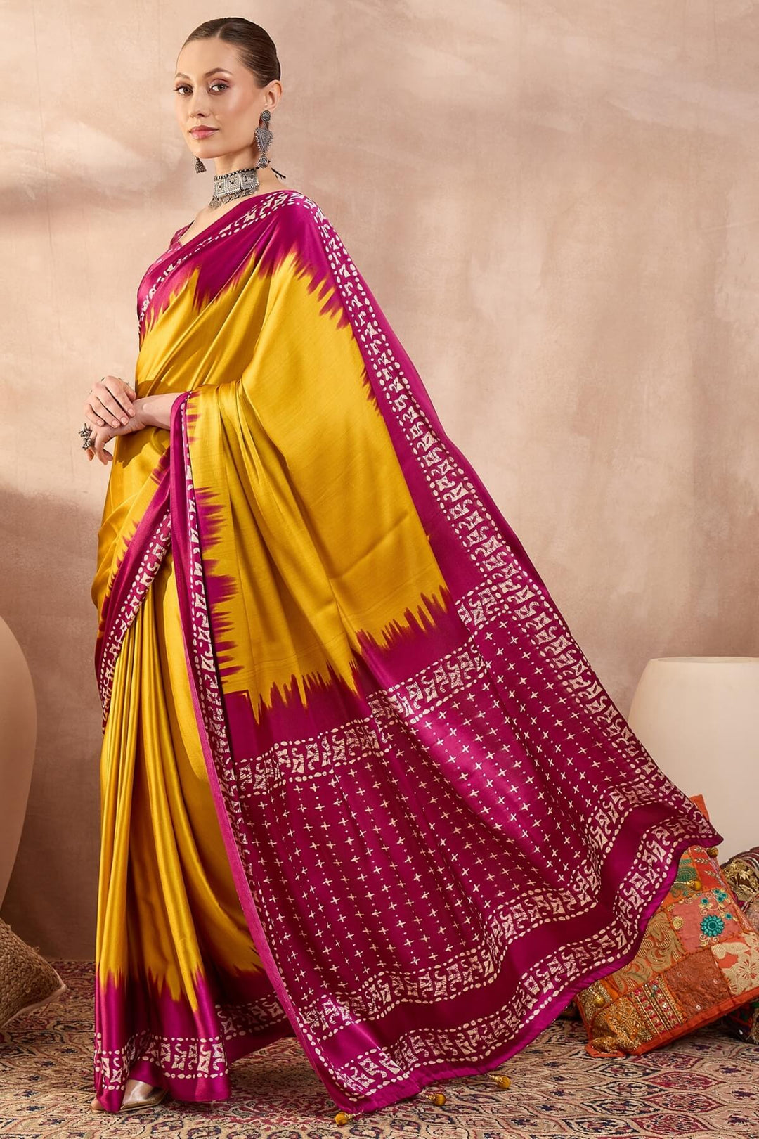 Burnt Yellow Printed Satin Silk Saree