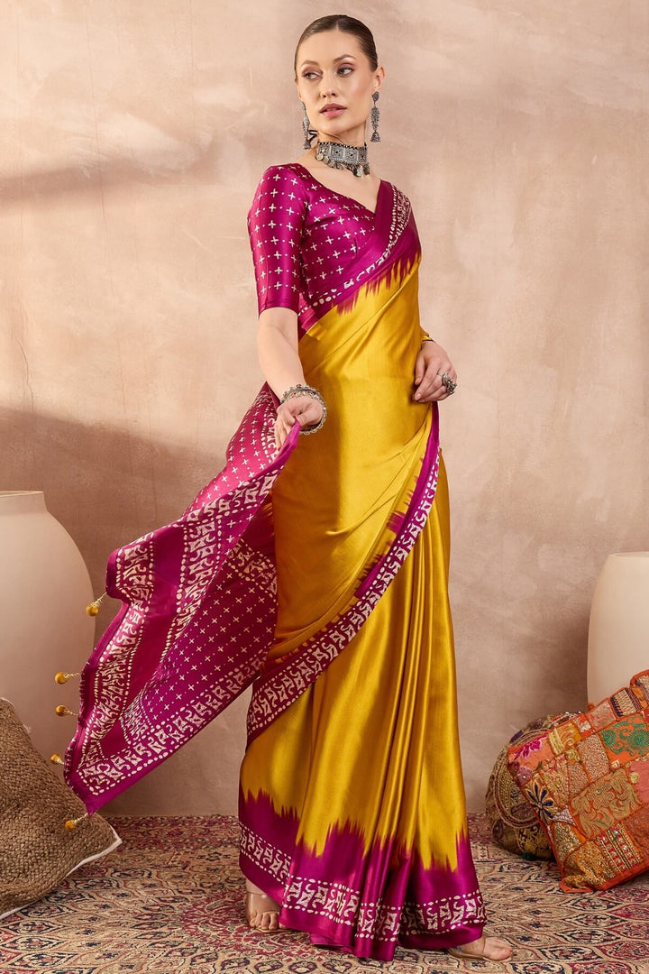 Burnt Yellow Printed Satin Silk Saree
