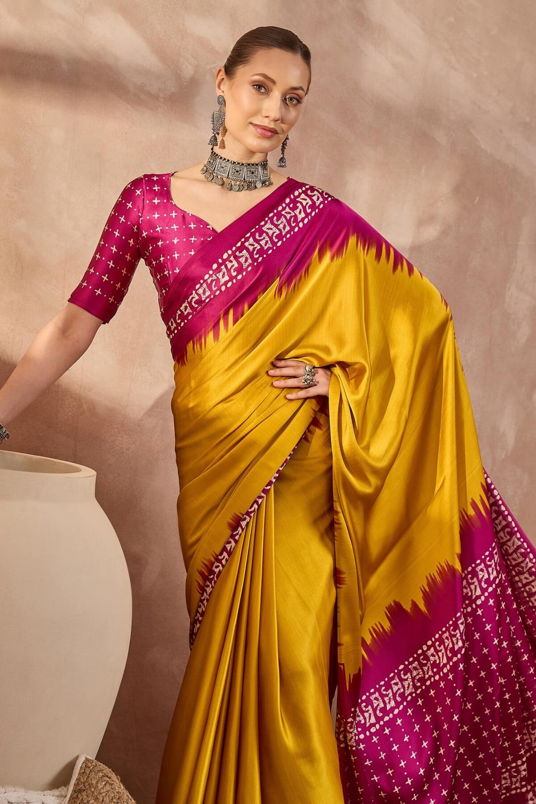 Burnt Yellow Printed Satin Silk Saree