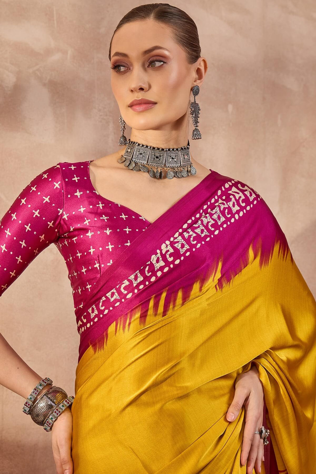 Burnt Yellow Printed Satin Silk Saree