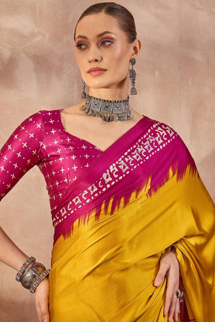 Burnt Yellow Printed Satin Silk Saree