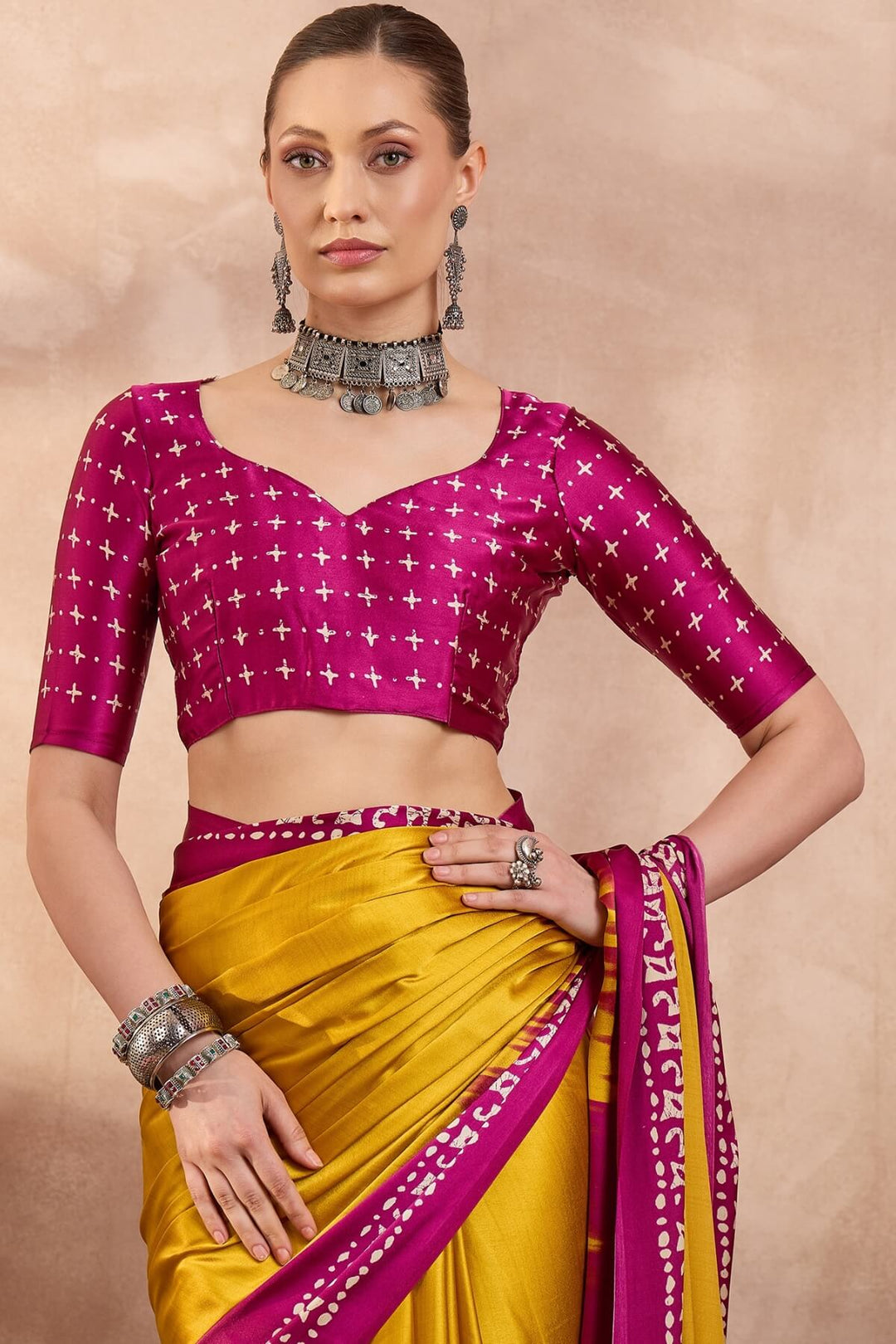 Burnt Yellow Printed Satin Silk Saree