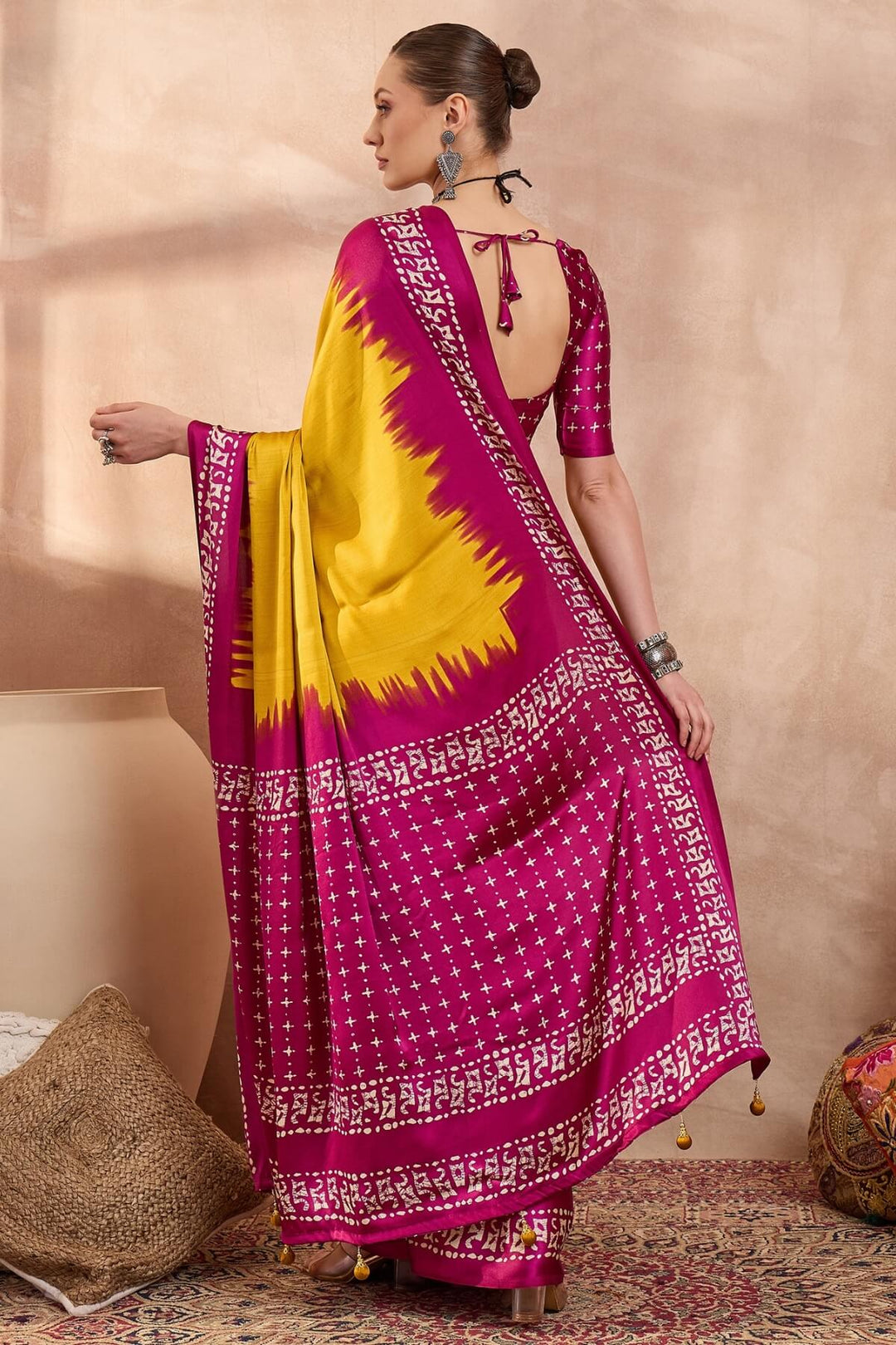 Burnt Yellow Printed Satin Silk Saree