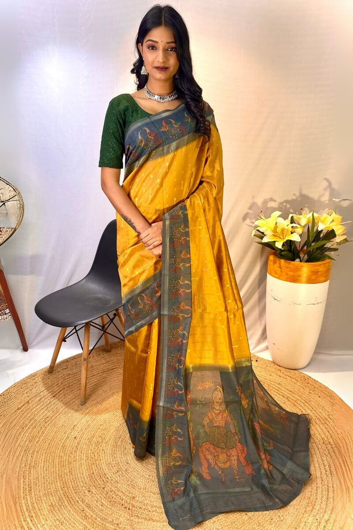 Burnt Yellow Printed Soft Chanderi Silk Saree