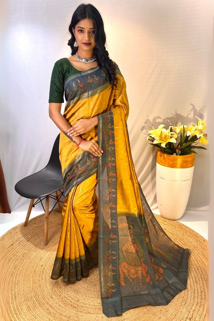 Burnt Yellow Printed Soft Chanderi Silk Saree