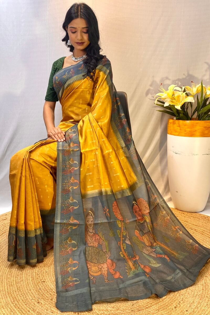 Burnt Yellow Printed Soft Chanderi Silk Saree