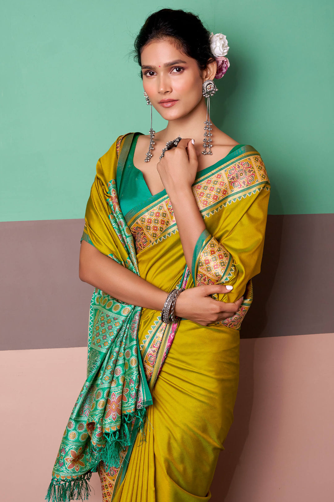 Burnt Yellow Soft Patola Silk Saree