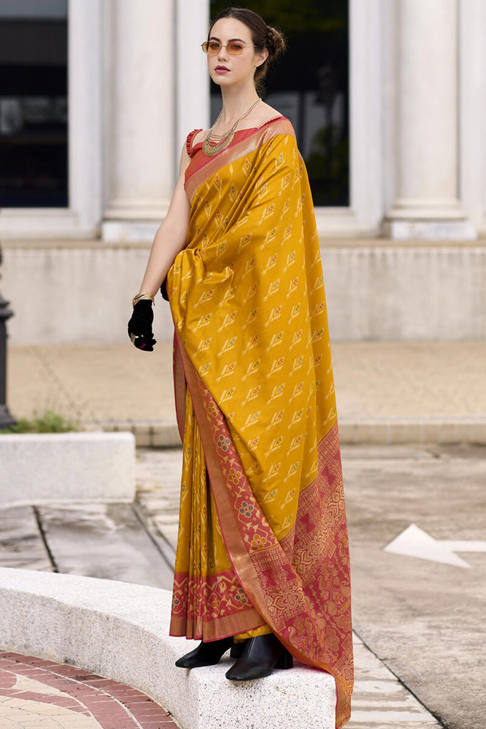 Burnt Yellow Soft Silk Saree with Ikkat Border