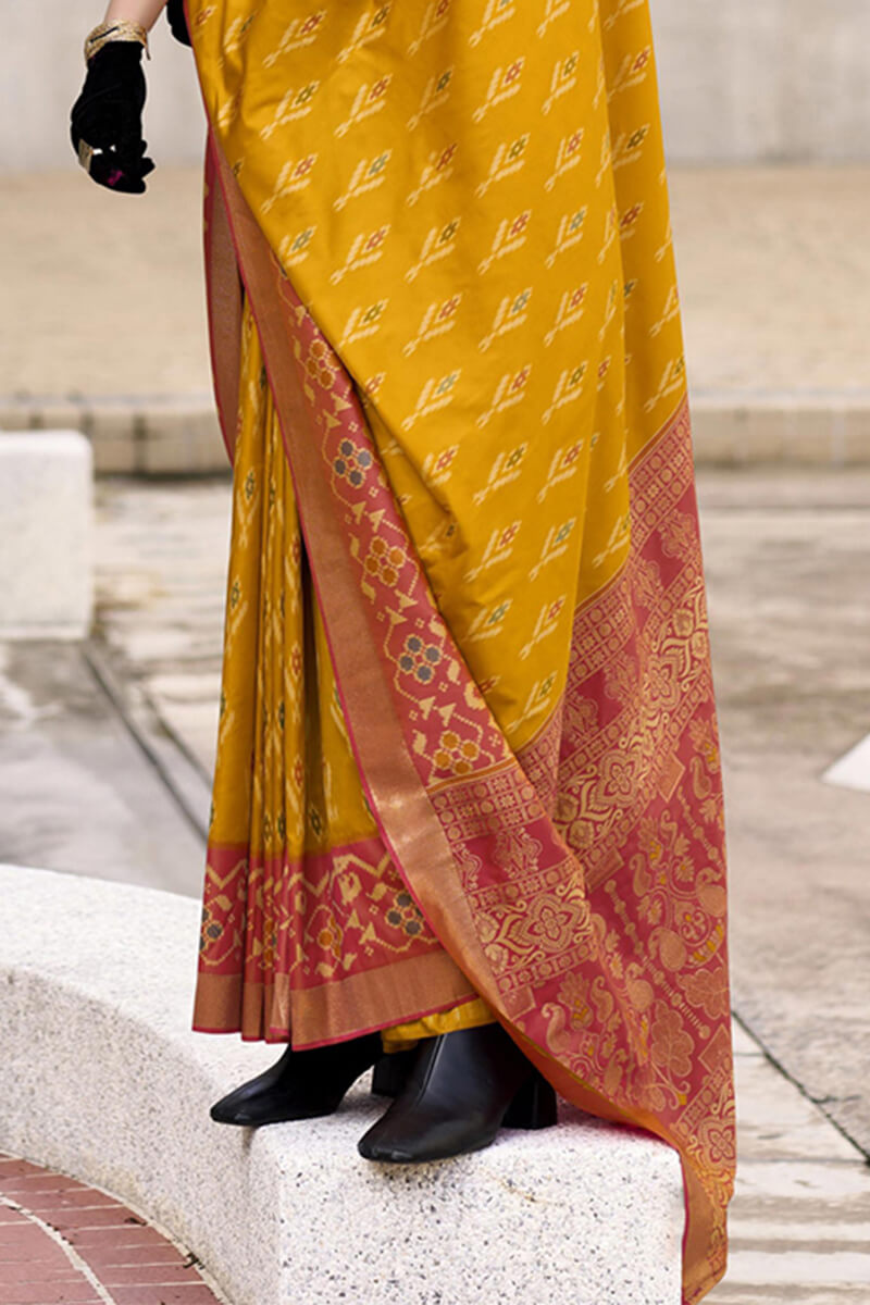 Burnt Yellow Soft Silk Saree with Ikkat Border