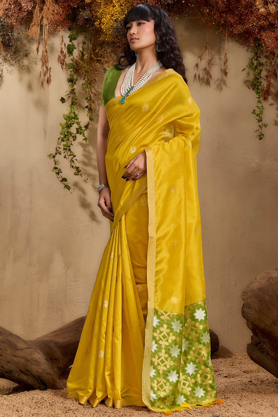 Burnt Yellow Woven Tussar Silk Saree