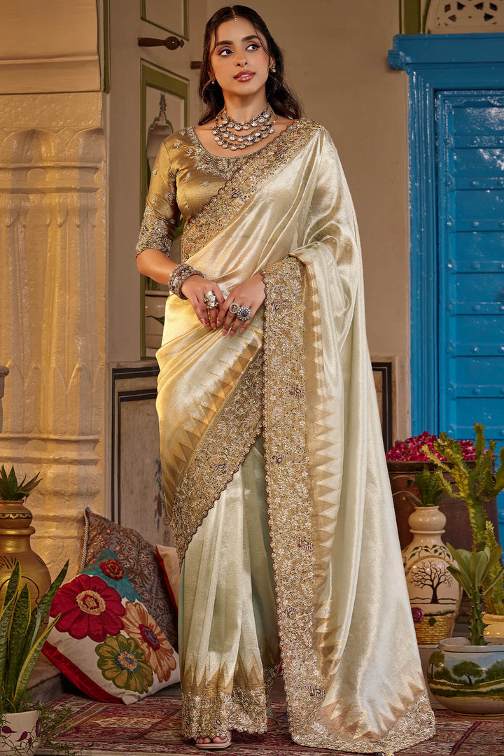 Buttermilk Beige Hand Work Viscose Saree with Stiched Blouse