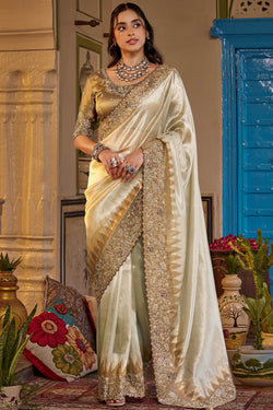 Buttermilk Beige Hand Work Viscose Saree with Stiched Blouse