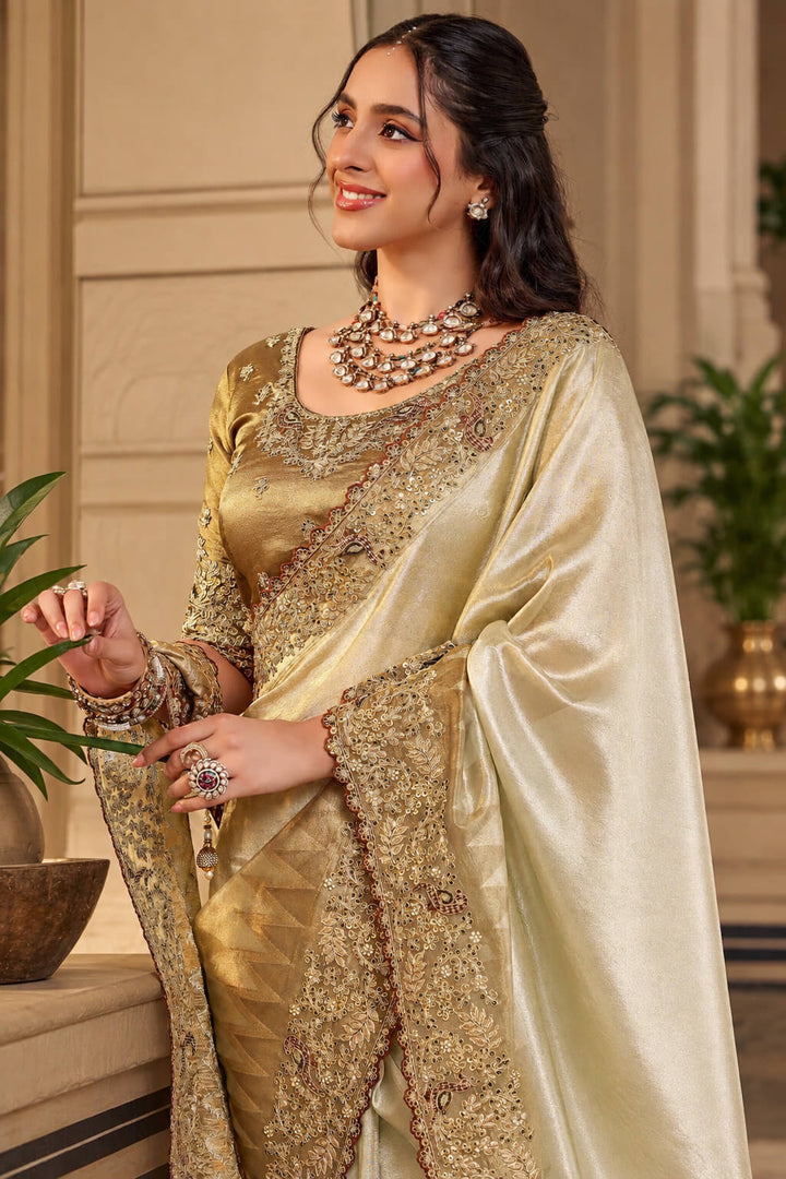 Buttermilk Beige Hand Work Viscose Saree with Stiched Blouse