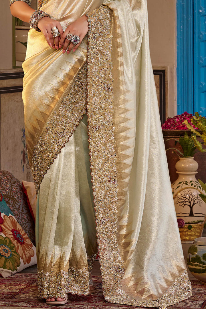 Buttermilk Beige Hand Work Viscose Saree with Stiched Blouse