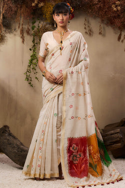 Buttermilk Beige Handloom Munga cotton Silk Saree