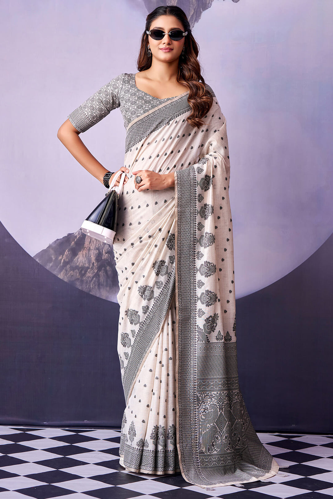 Buttery White and Black Cotton Silk Saree