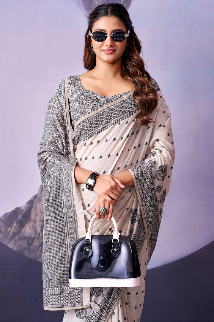 Buttery White and Black Cotton Silk Saree