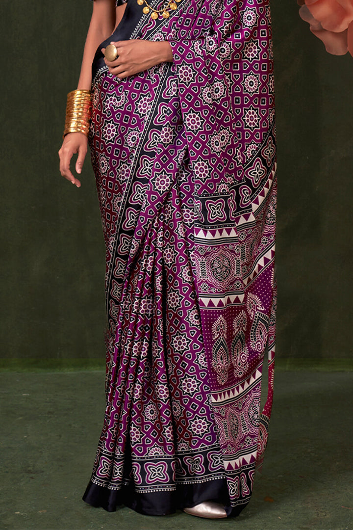 Byzantium Purple Ajrakh Printed Satin Silk Saree