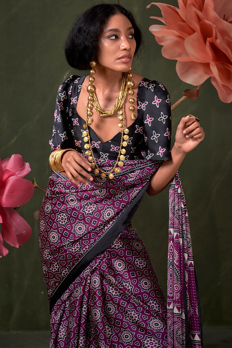 Byzantium Purple Ajrakh Printed Satin Silk Saree