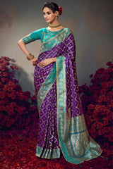 Byzantium Purple Banarasi Satin Silk Saree With Fancy Lace Border and Embroidery Blouse