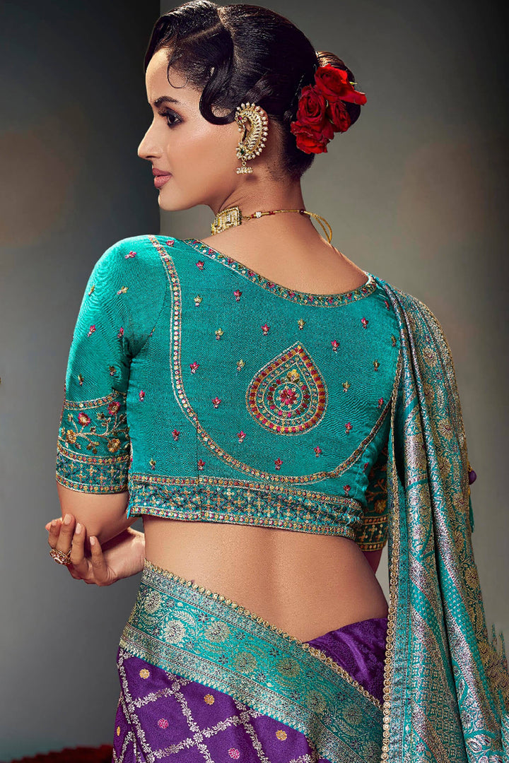 Byzantium Purple Banarasi Satin Silk Saree With Fancy Lace Border and Embroidery Blouse