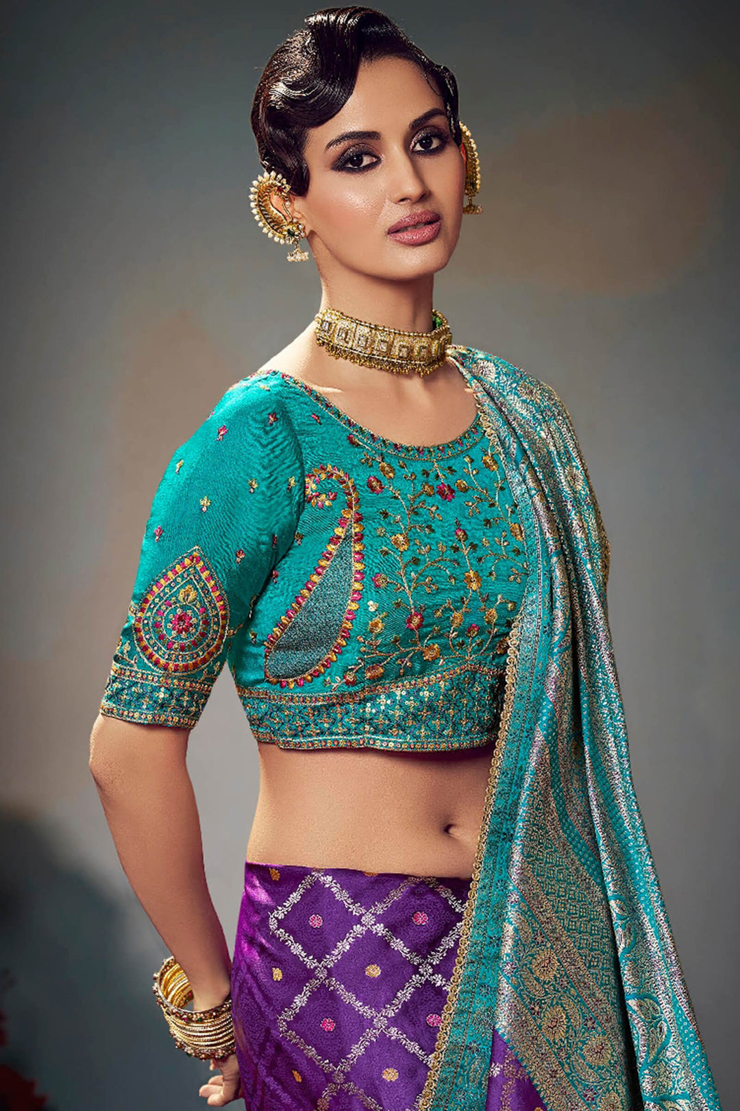 Byzantium Purple Banarasi Satin Silk Saree With Fancy Lace Border and Embroidery Blouse