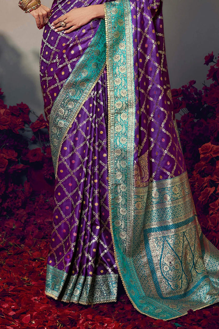 Byzantium Purple Banarasi Satin Silk Saree With Fancy Lace Border and Embroidery Blouse