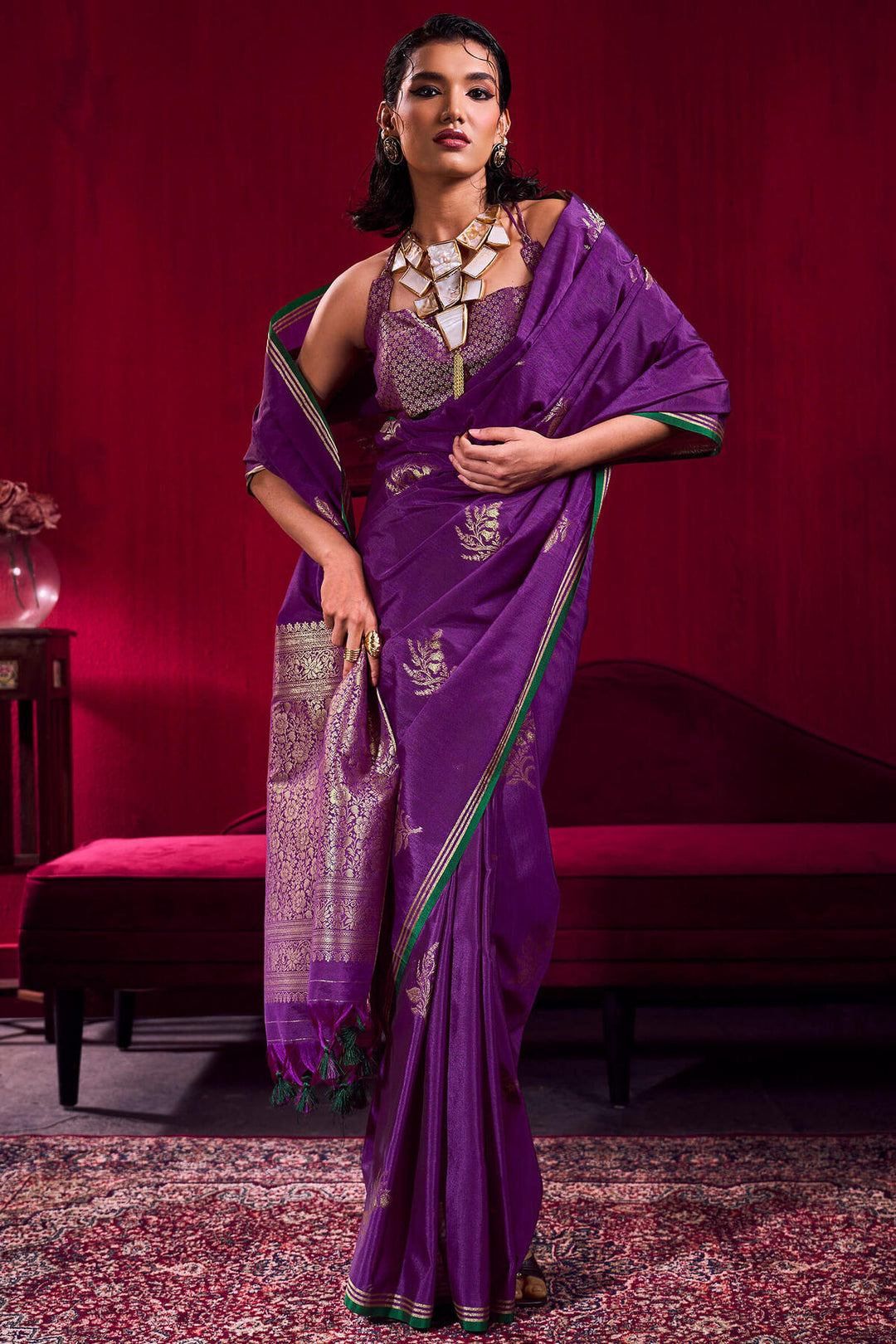 Byzantium Purple Banarasi satin silk saree