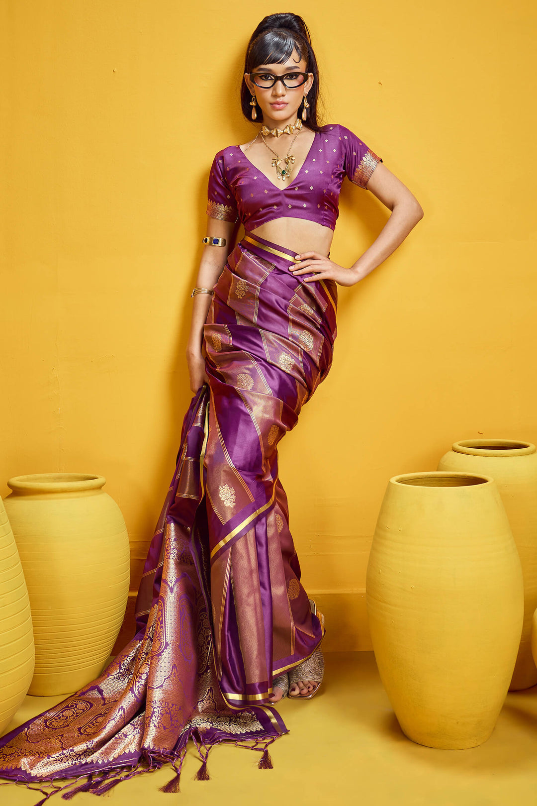 Byzantium Purple Purple Banarasi Satin Silk Saree