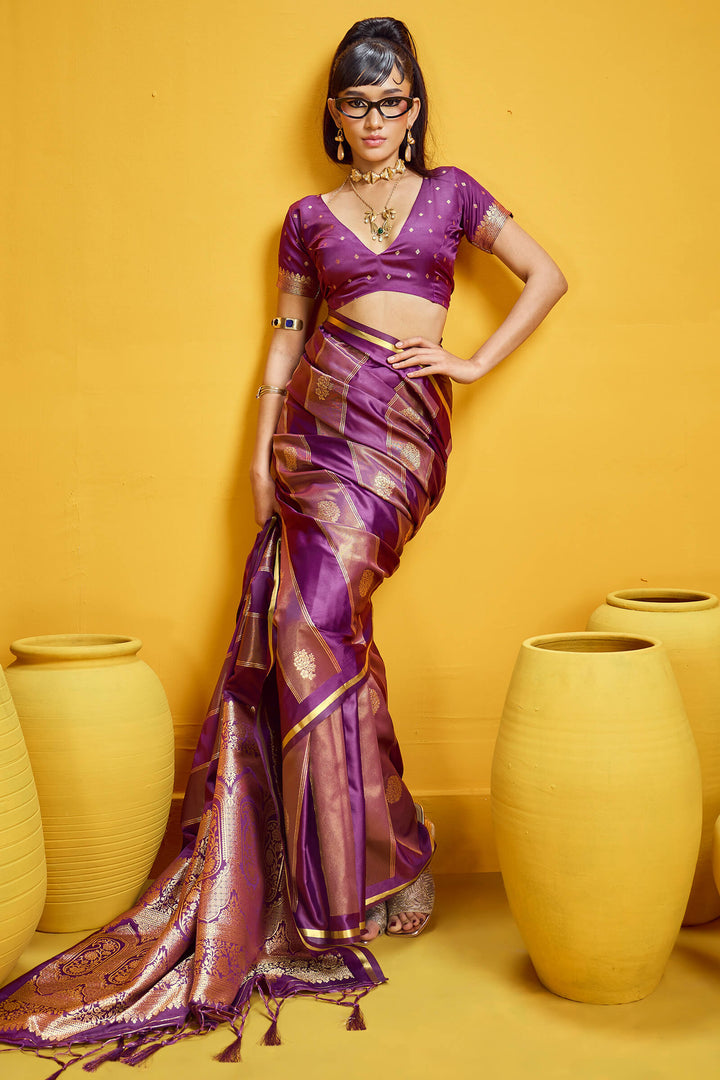 Byzantium Purple Purple Banarasi Satin Silk Saree