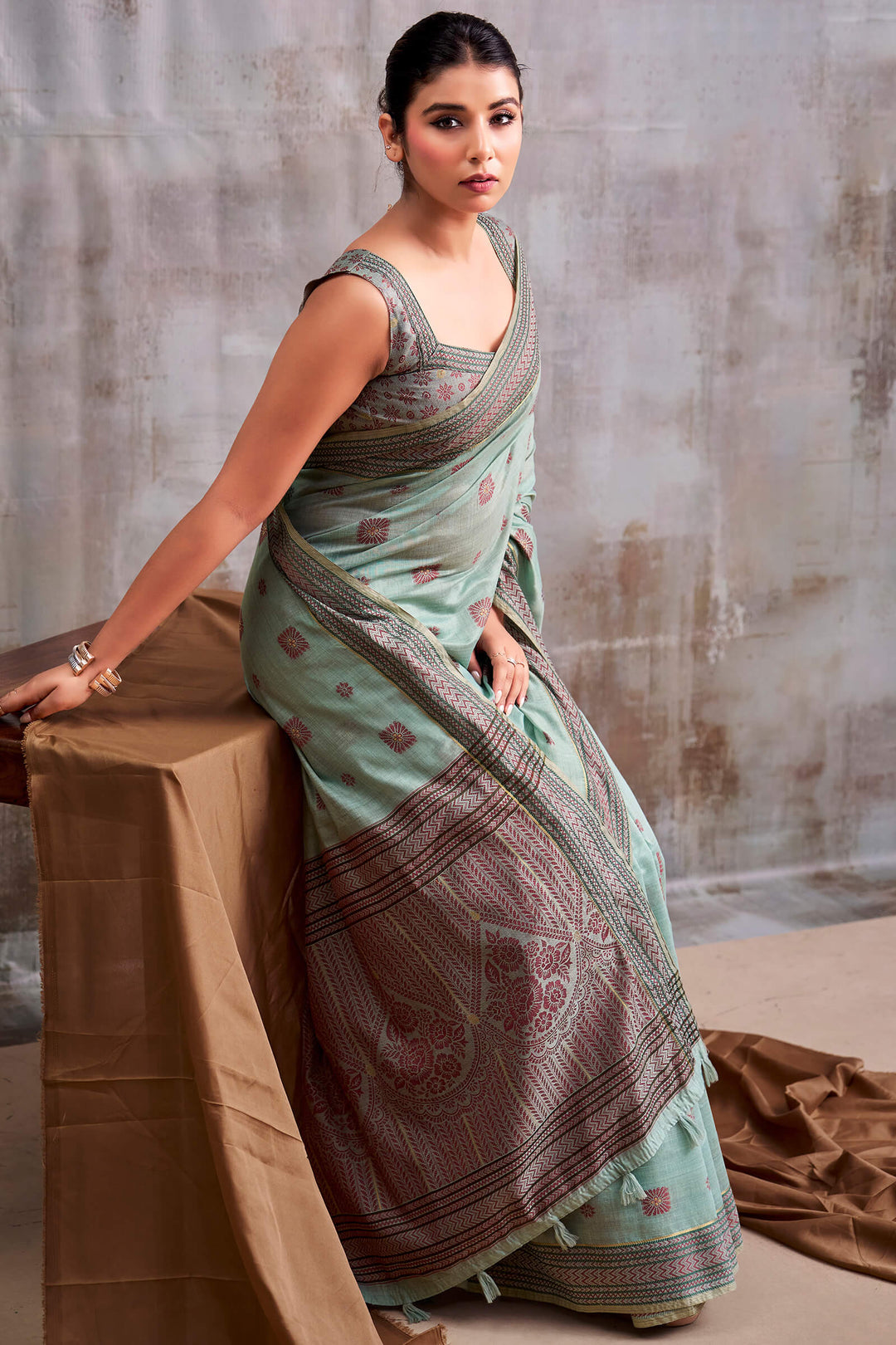 Cadet Blue Cotton Modal Silk Saree
