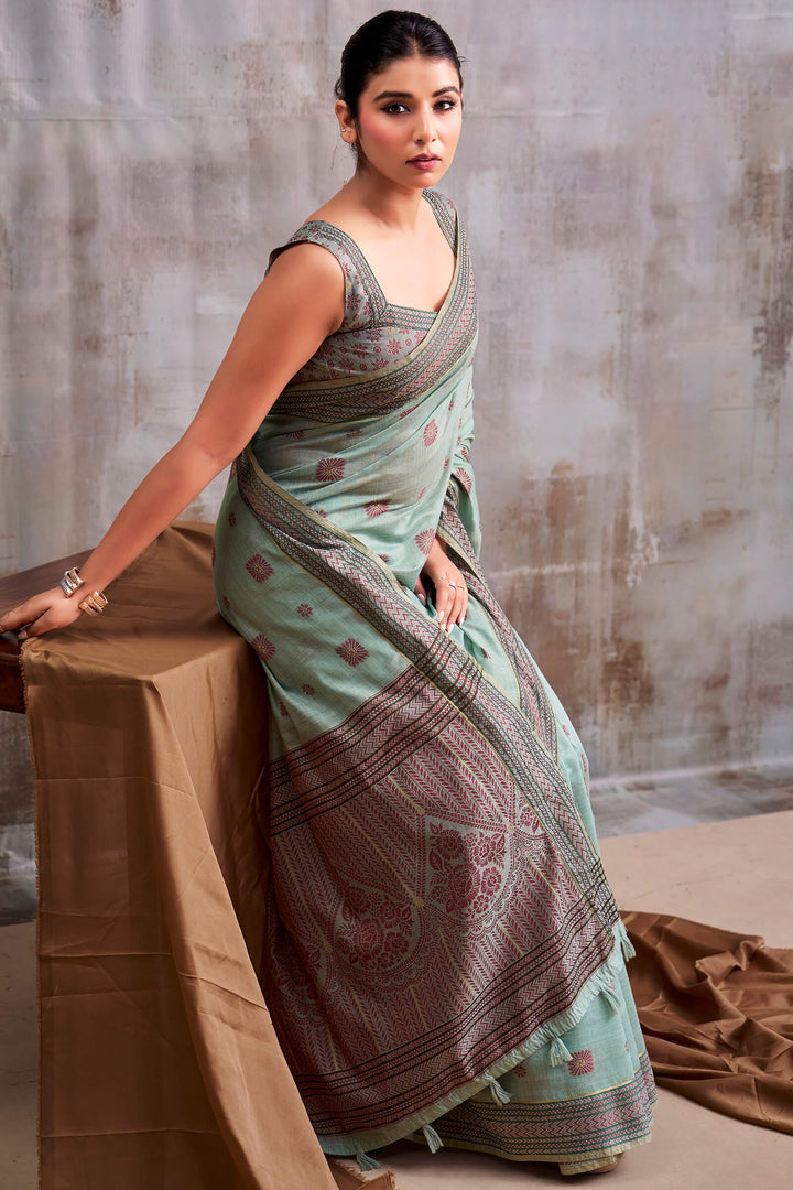 Cadet Blue Cotton Modal Silk Saree