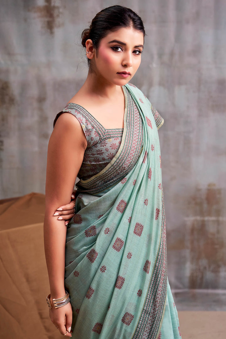 Cadet Blue Cotton Modal Silk Saree