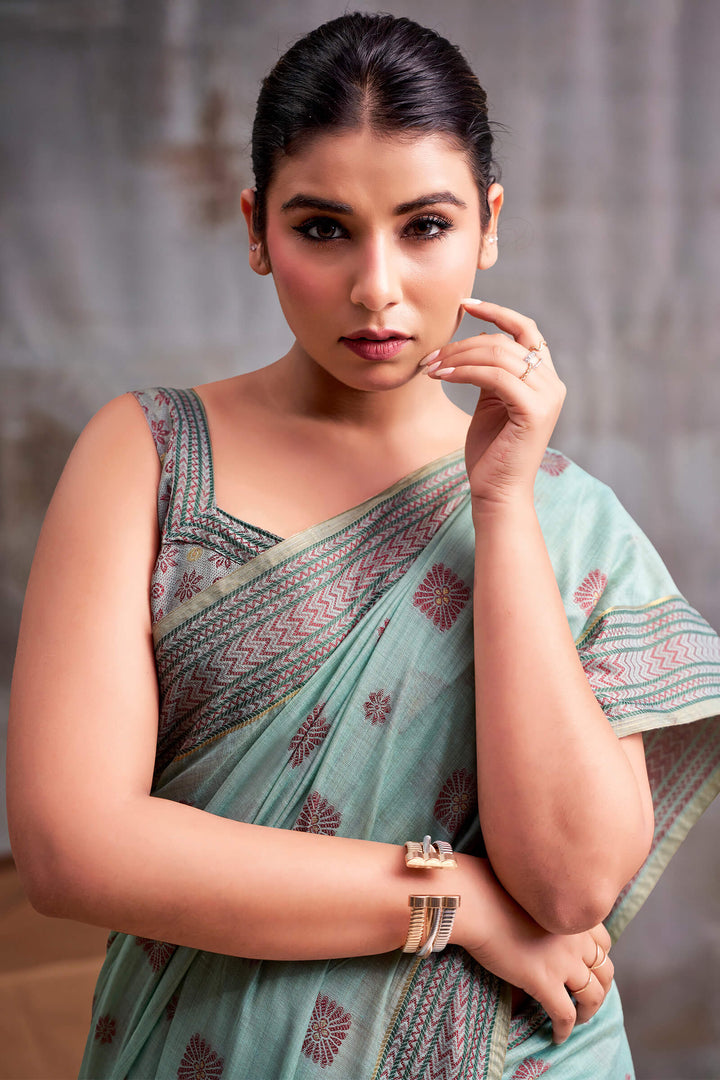 Cadet Blue Cotton Modal Silk Saree