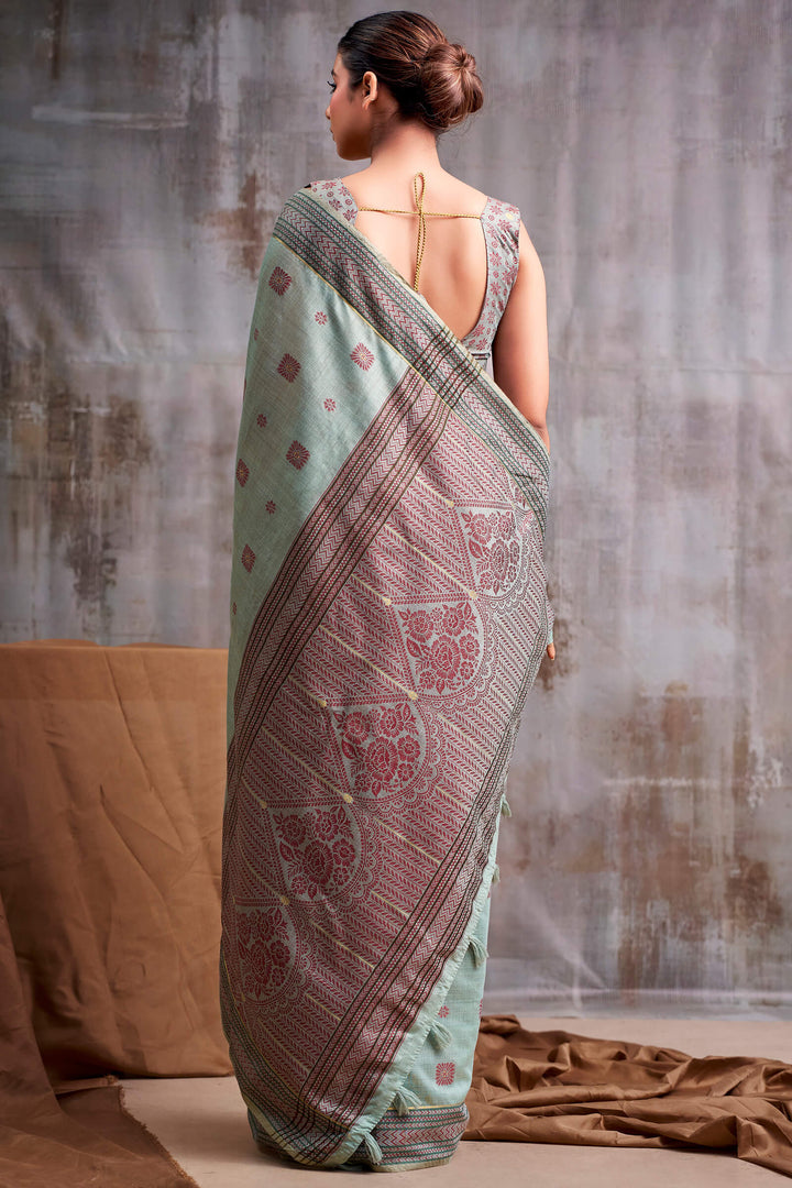 Cadet Blue Cotton Modal Silk Saree