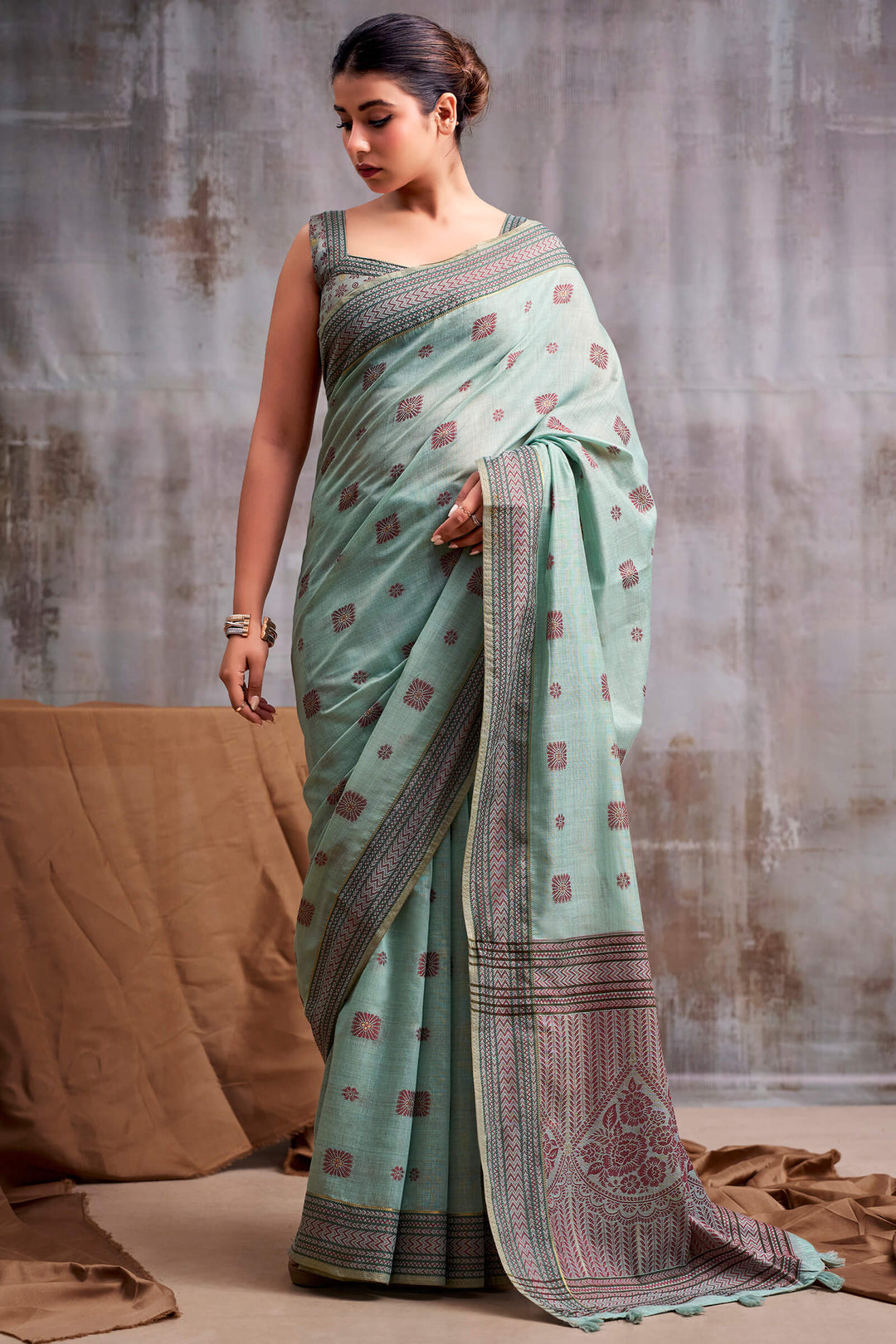 Cadet Blue Cotton Modal Silk Saree
