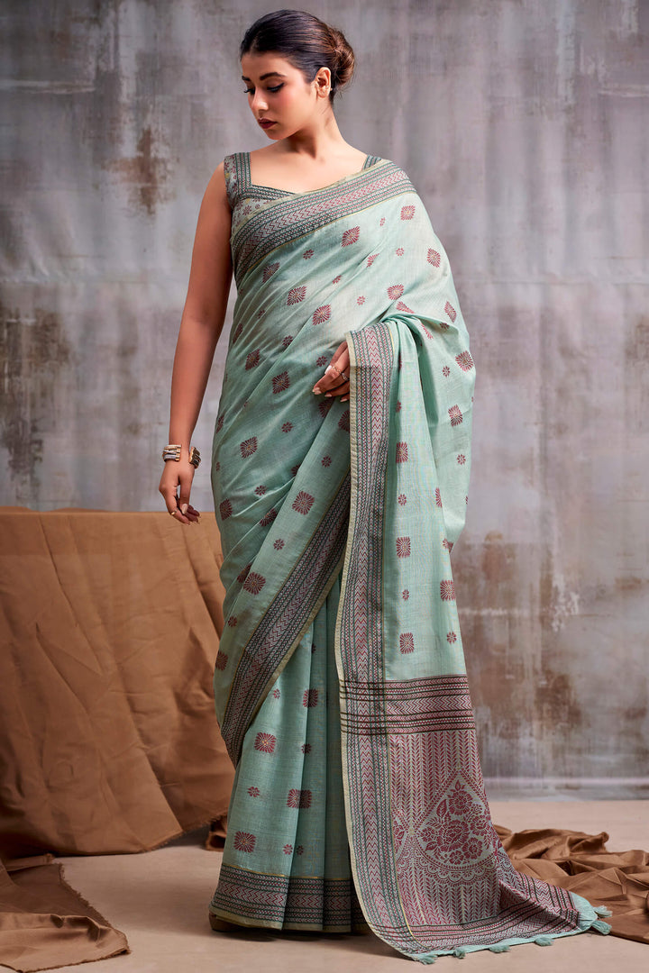 Cadet Blue Cotton Modal Silk Saree