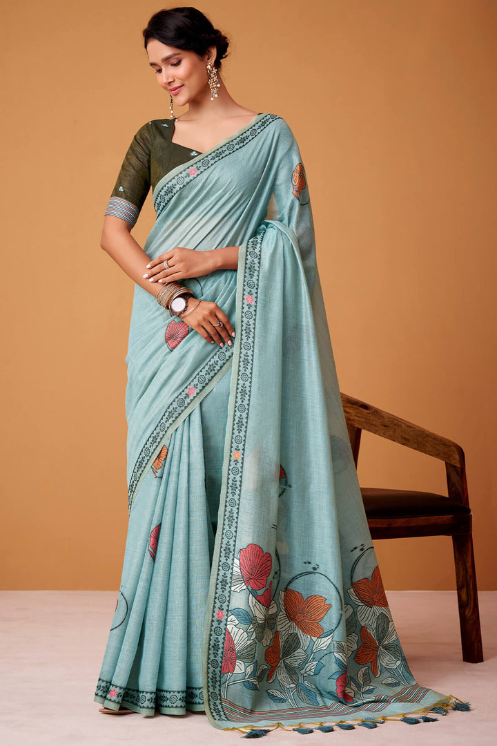 Cadet Blue Jamdani Cotton Silk Saree