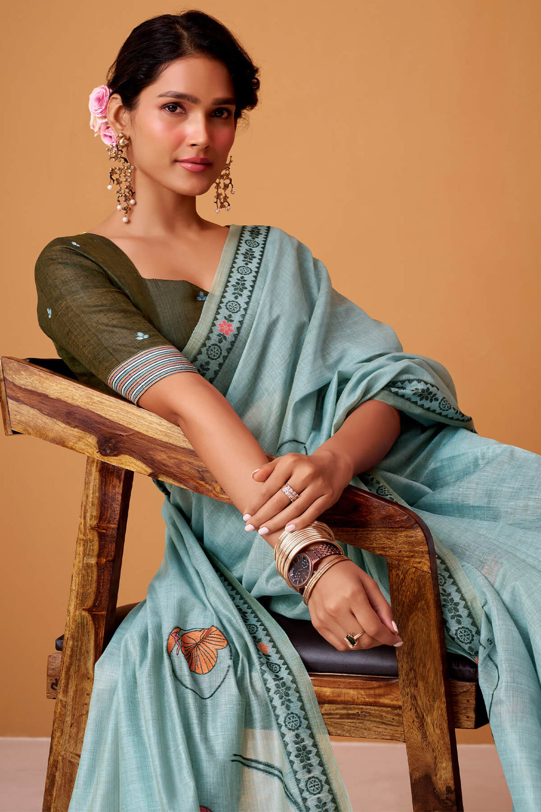 Cadet Blue Jamdani Cotton Silk Saree