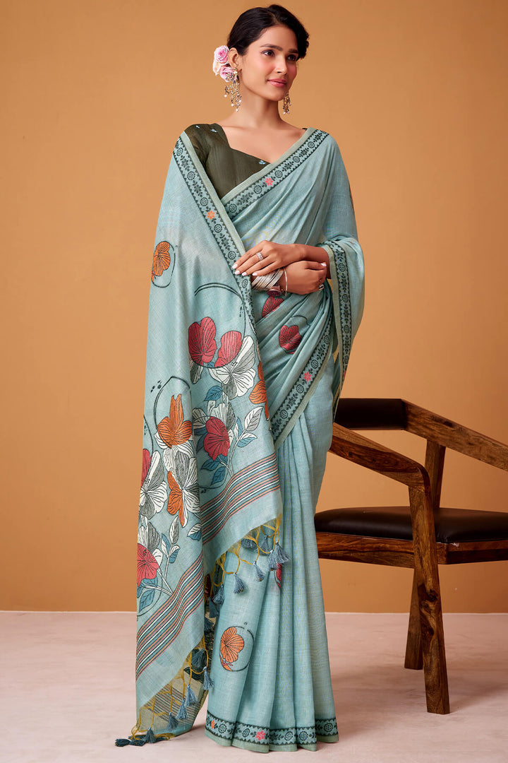 Cadet Blue Jamdani Cotton Silk Saree