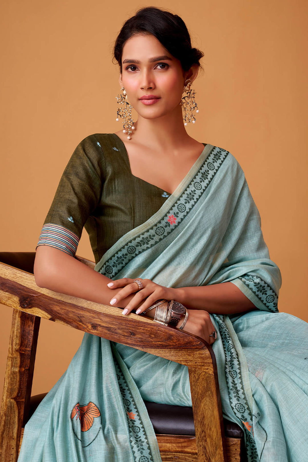 Cadet Blue Jamdani Cotton Silk Saree
