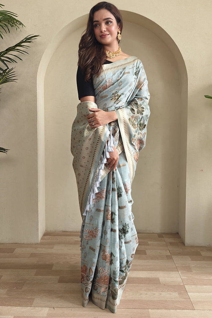 Cadet Blue Jamdani Woven Cotton Silk Saree