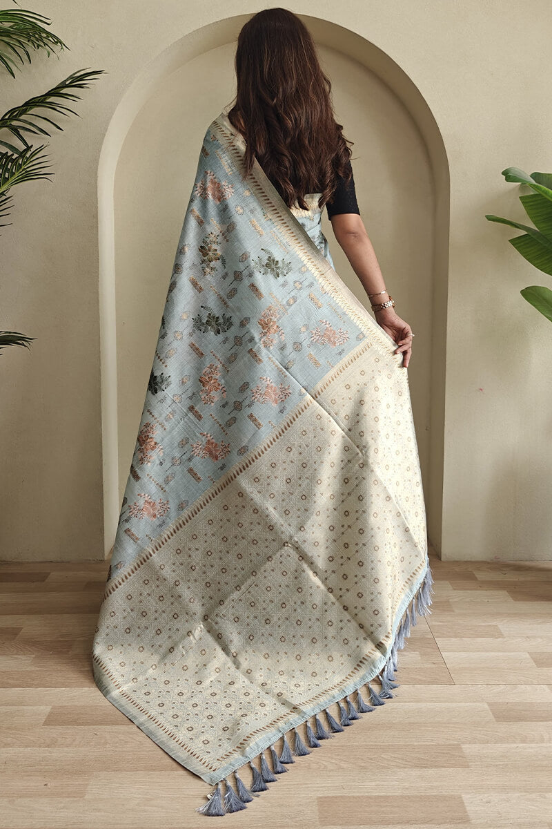 Cadet Blue Jamdani Woven Cotton Silk Saree