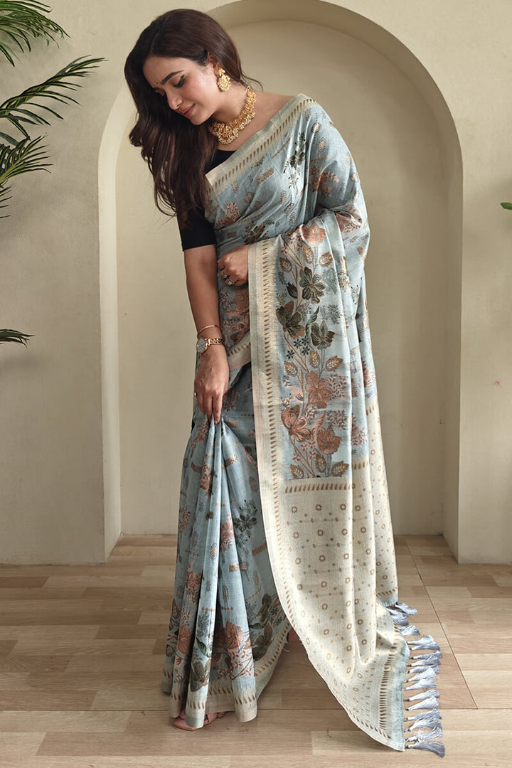 Cadet Blue Jamdani Woven Cotton Silk Saree