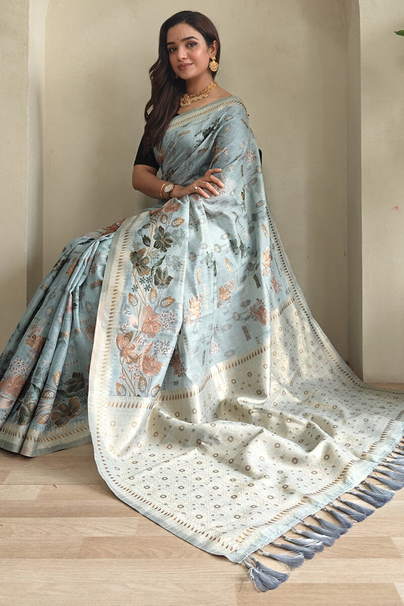 Cadet Blue Jamdani Woven Cotton Silk Saree