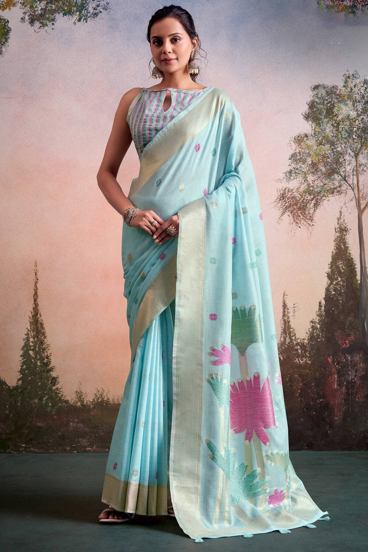 Cadet Blue Linen Silk Saree
