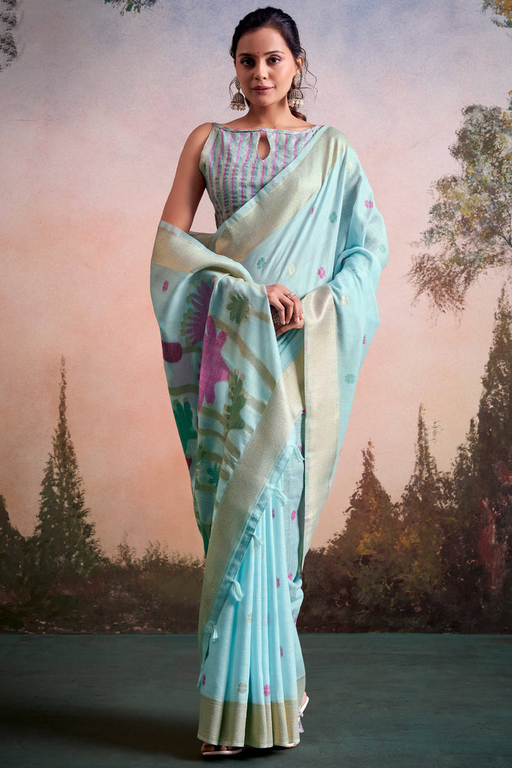 Cadet Blue Linen Silk Saree
