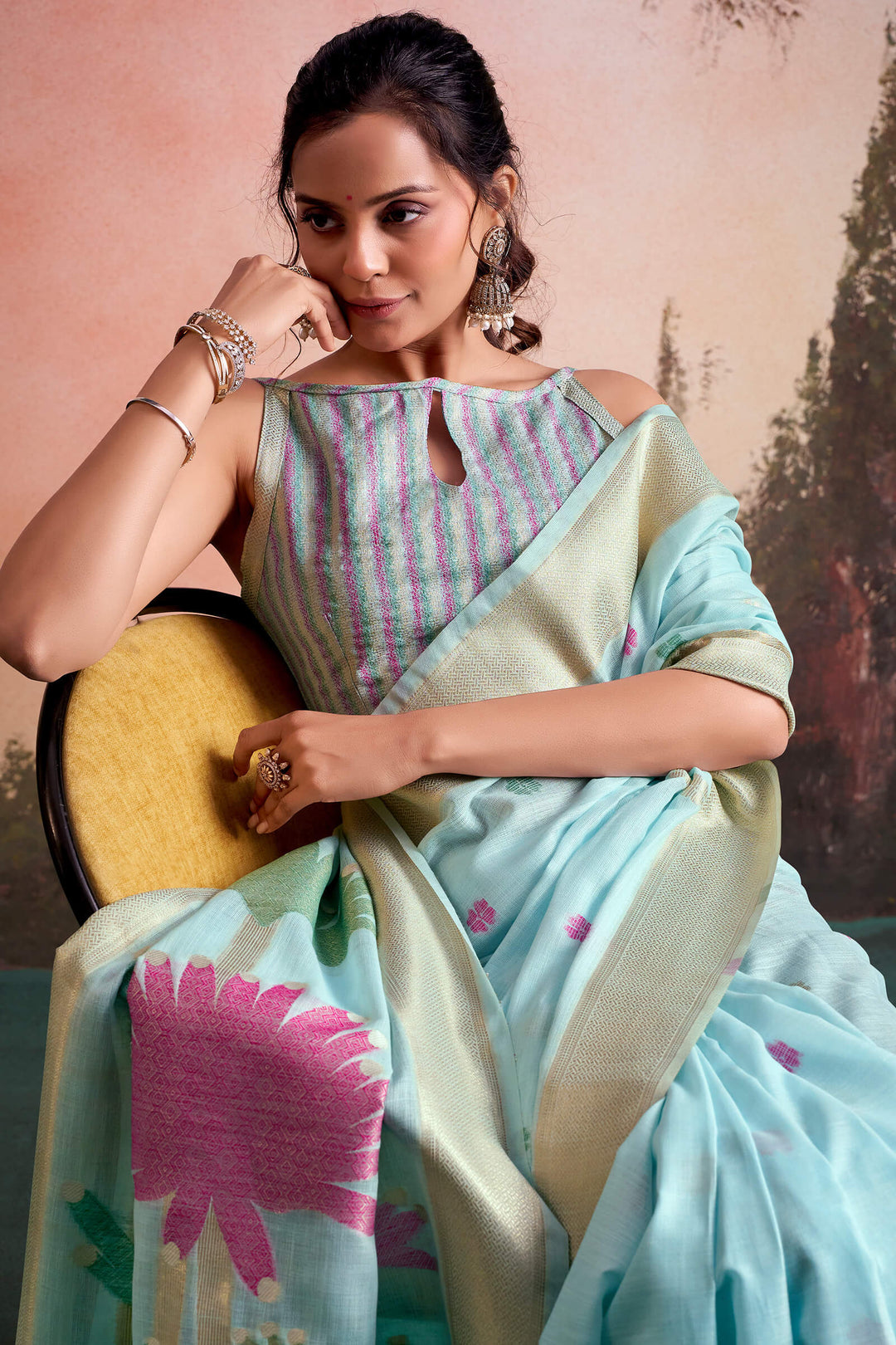 Cadet Blue Linen Silk Saree